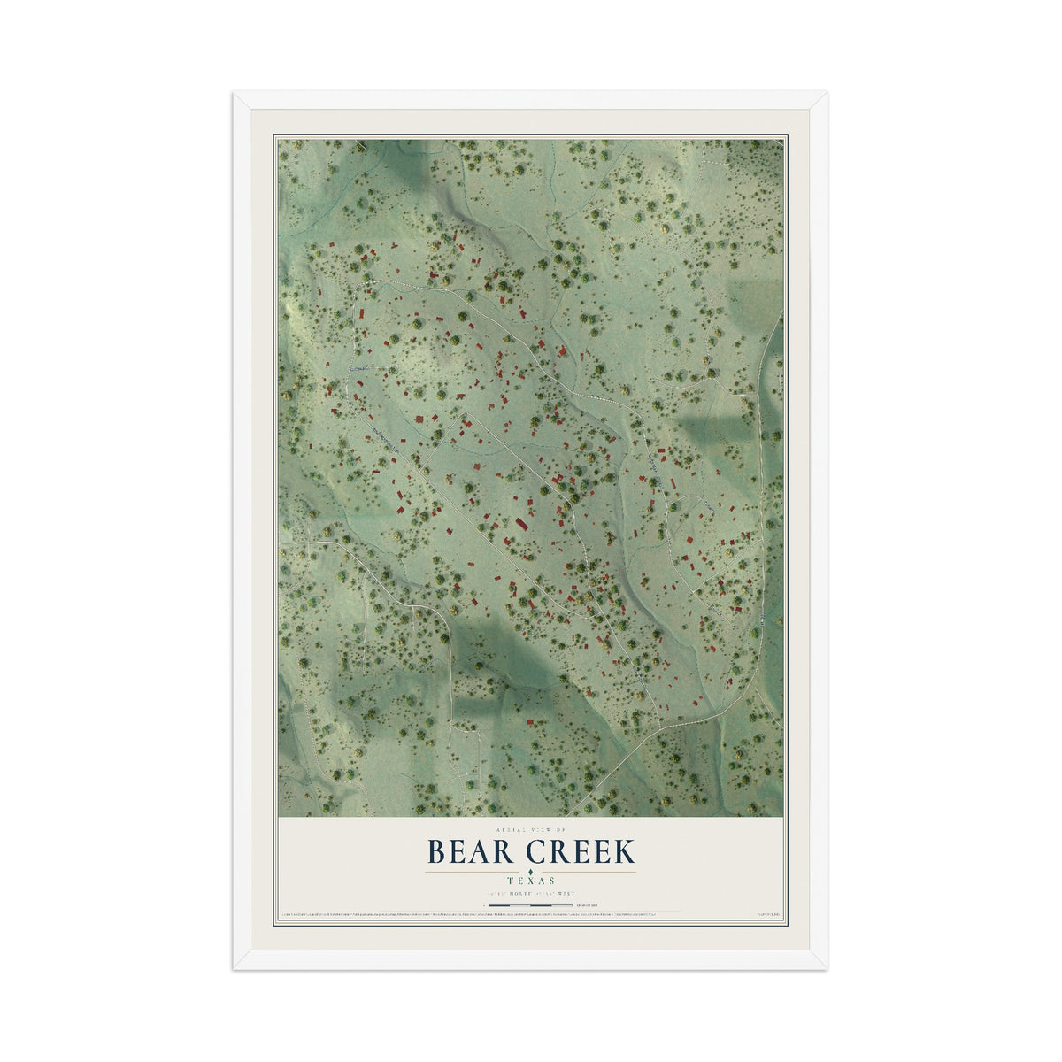 Map of Bear Creek, Texas, 12 x 18 inch print in a white wood frame