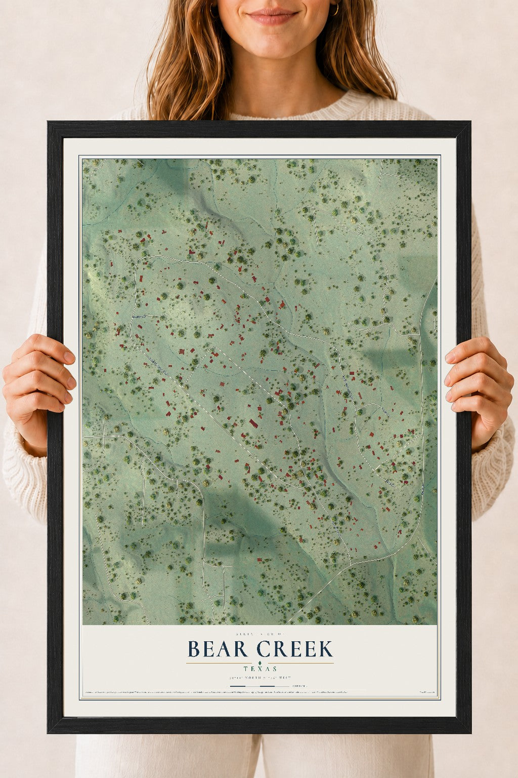 Map of Bear Creek, Texas, 18 x 24 inch print in a black wood frame