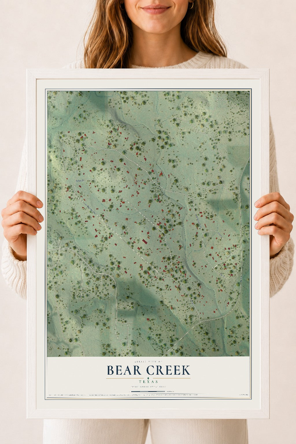 Map of Bear Creek, Texas, 18 x 24 inch print in a white wood frame