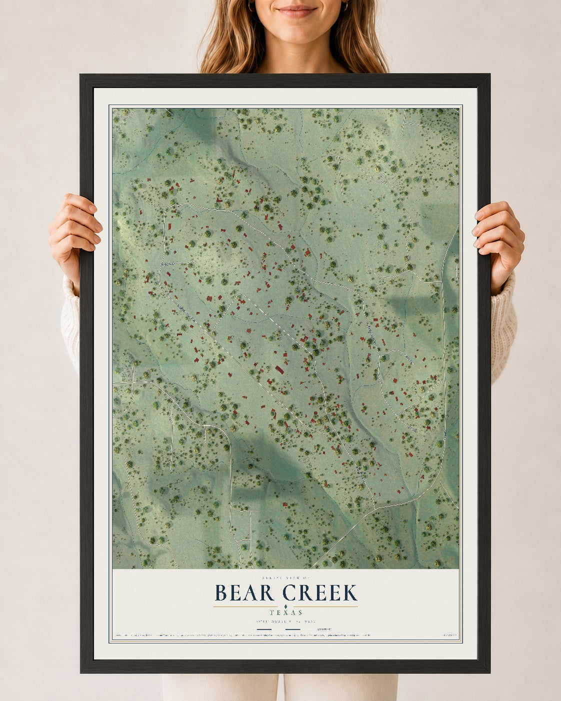 Map of Bear Creek, Texas, 24 x 36 inch print in a black wood frame