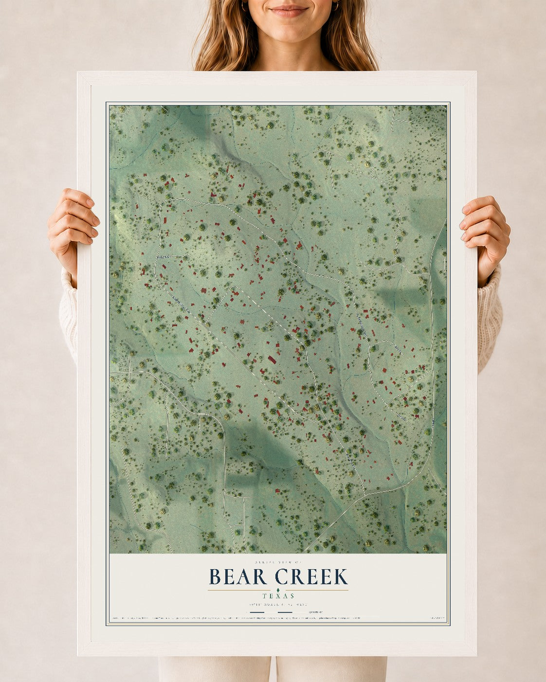 Map of Bear Creek, Texas, 24 x 36 inch print in a white wood frame