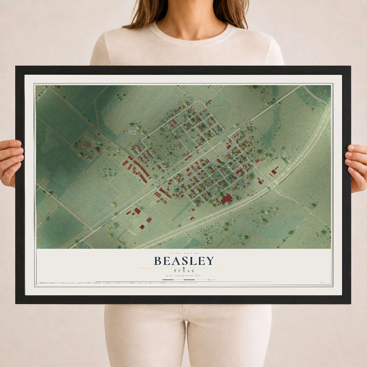 Map of Beasley, Texas, 18 x 24 inch print in a black wood frame