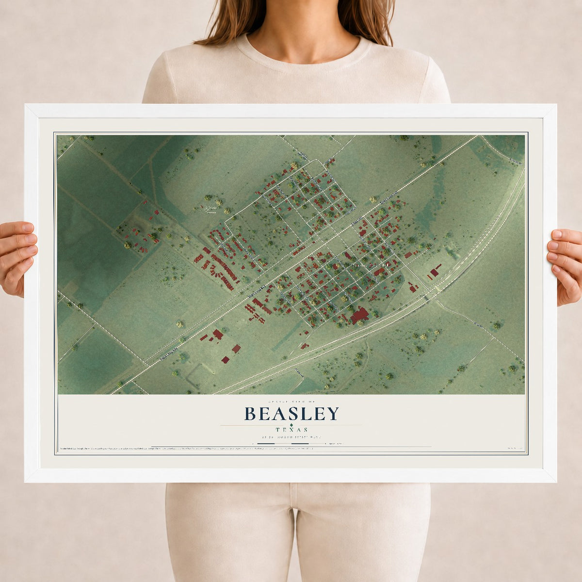 Map of Beasley, Texas, 18 x 24 inch print in a white wood frame