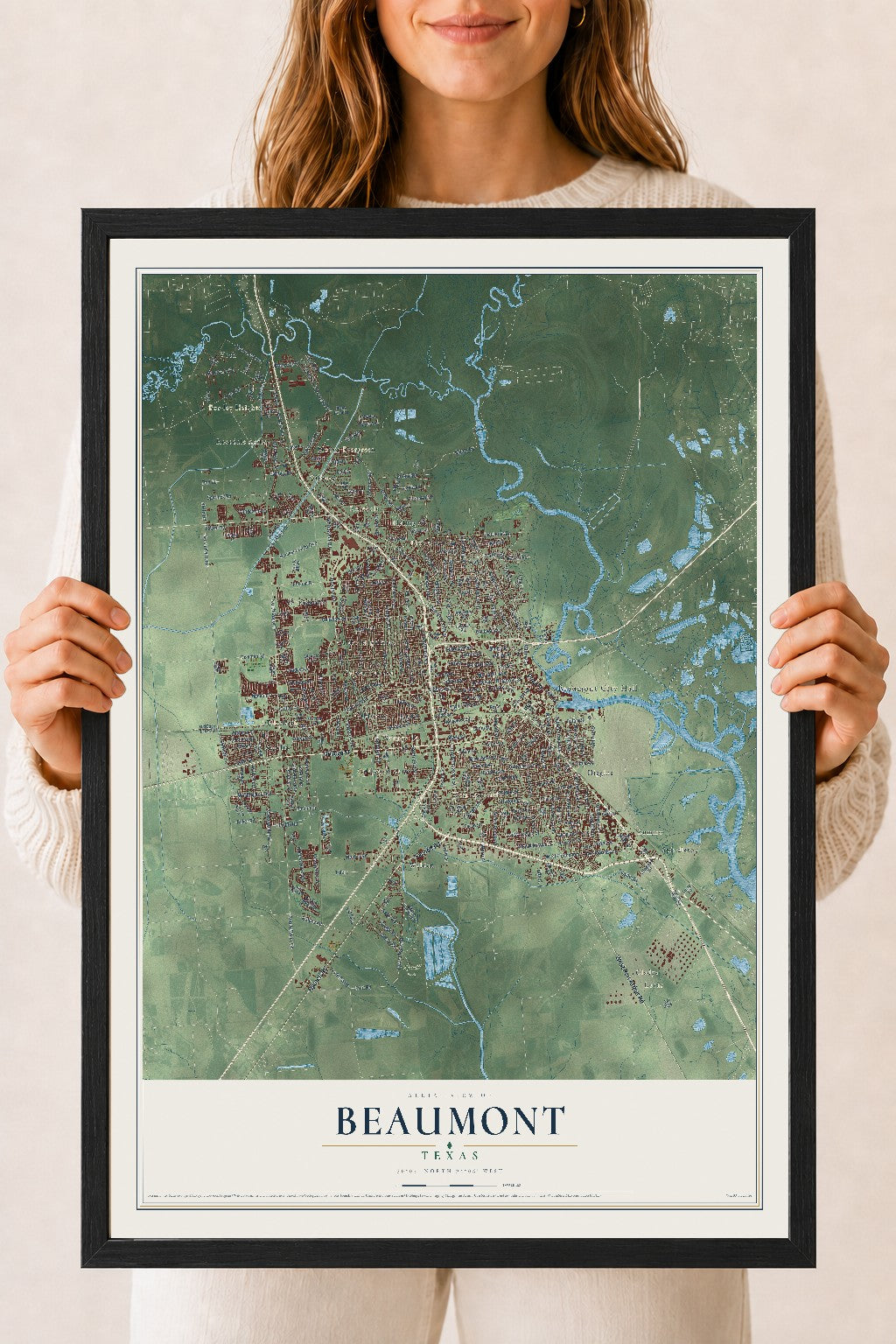 Map of Beaumont, Texas, 18 x 24 inch print in a black wood frame
