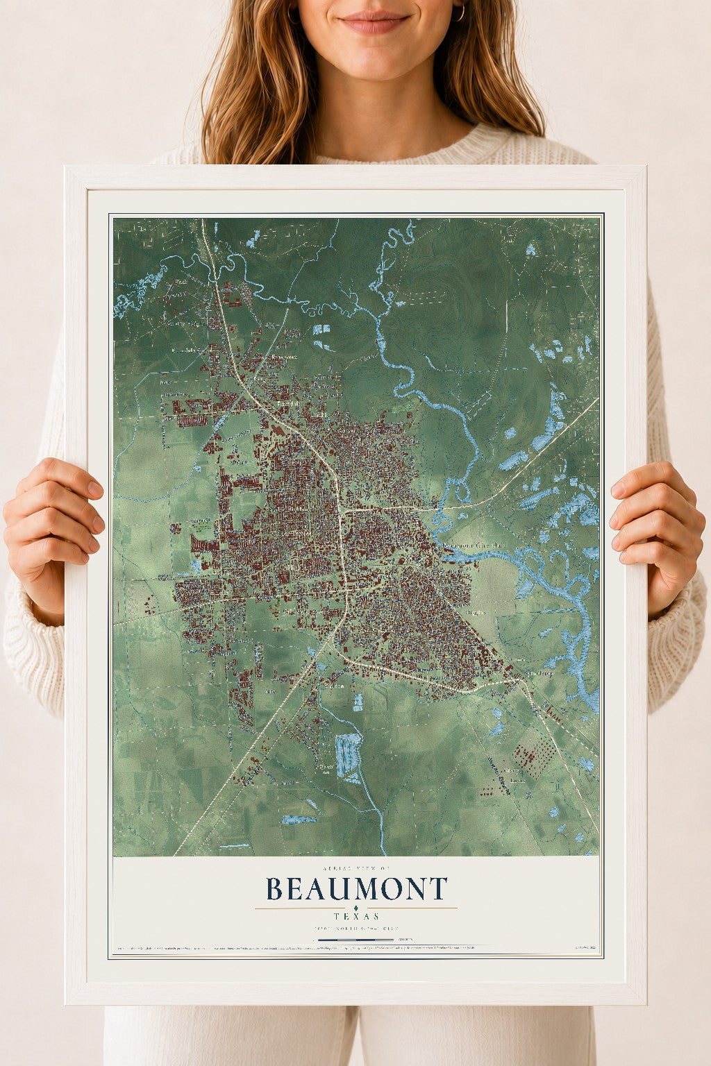 Map of Beaumont, Texas, 18 x 24 inch print in a white wood frame