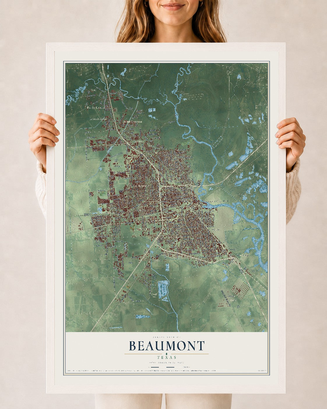 Map of Beaumont, Texas, 24 x 36 inch print in a white wood frame