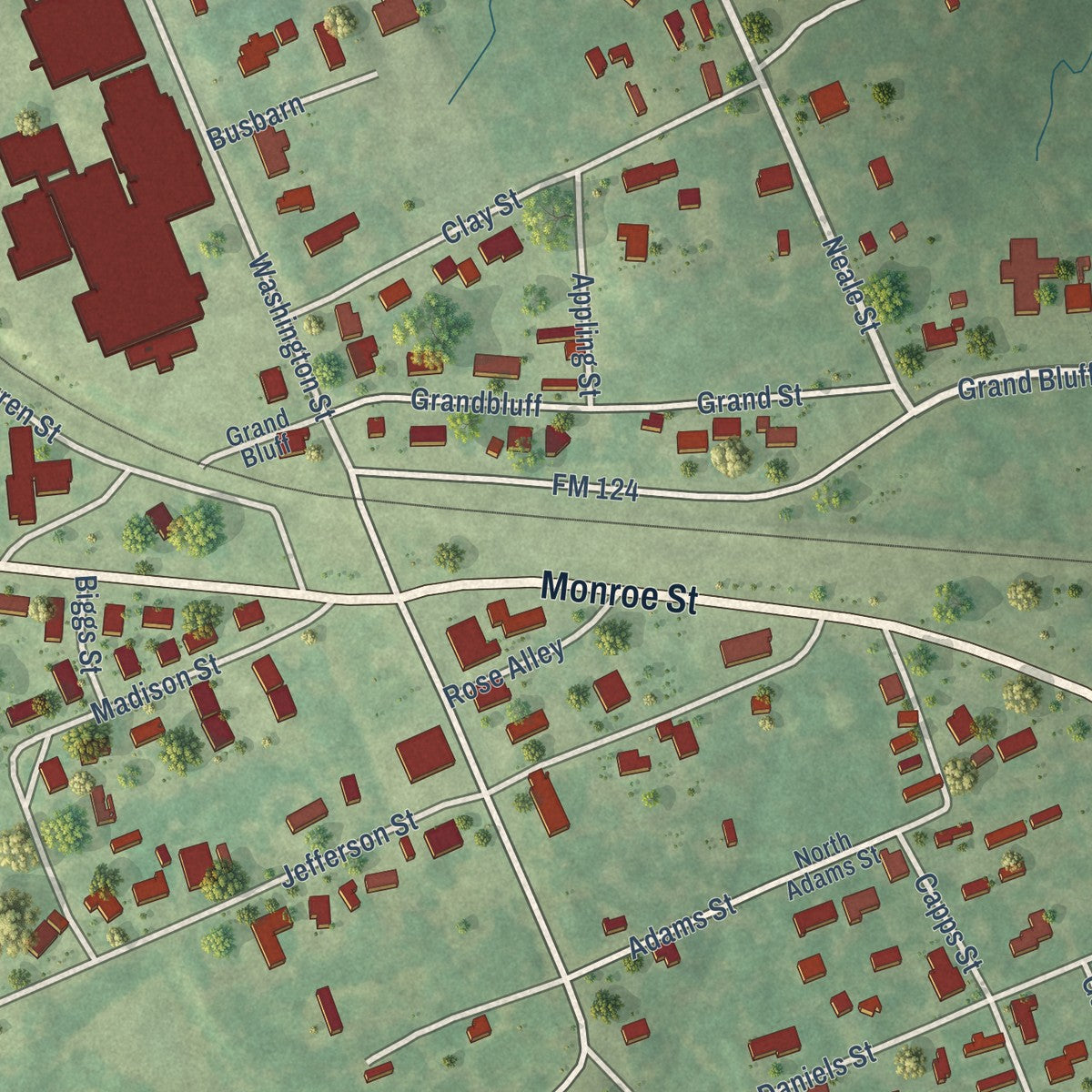 Close-up of the map of Beckville, Texas print showing street and building detail
