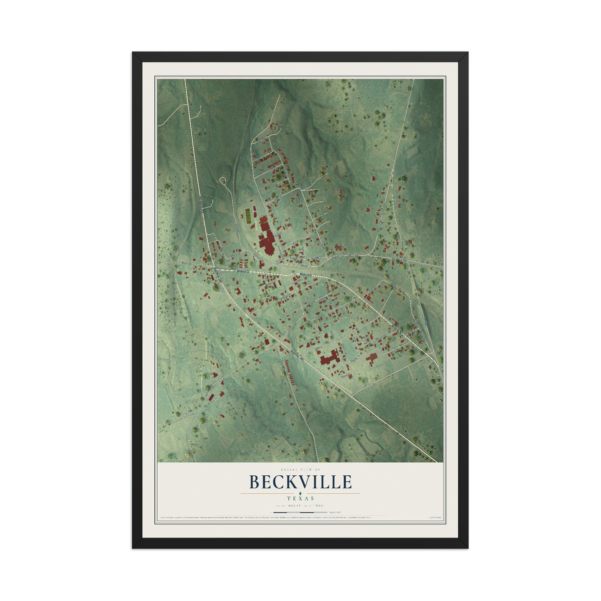 Map of Beckville, Texas, 12 x 18 inch print in a black wood frame