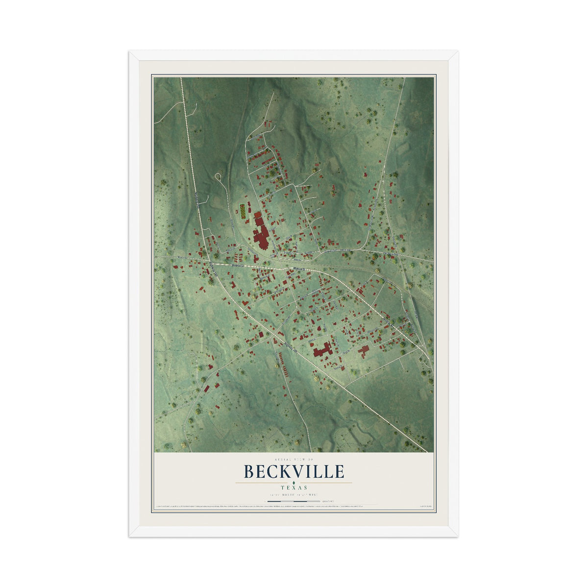 Map of Beckville, Texas, 12 x 18 inch print in a white wood frame