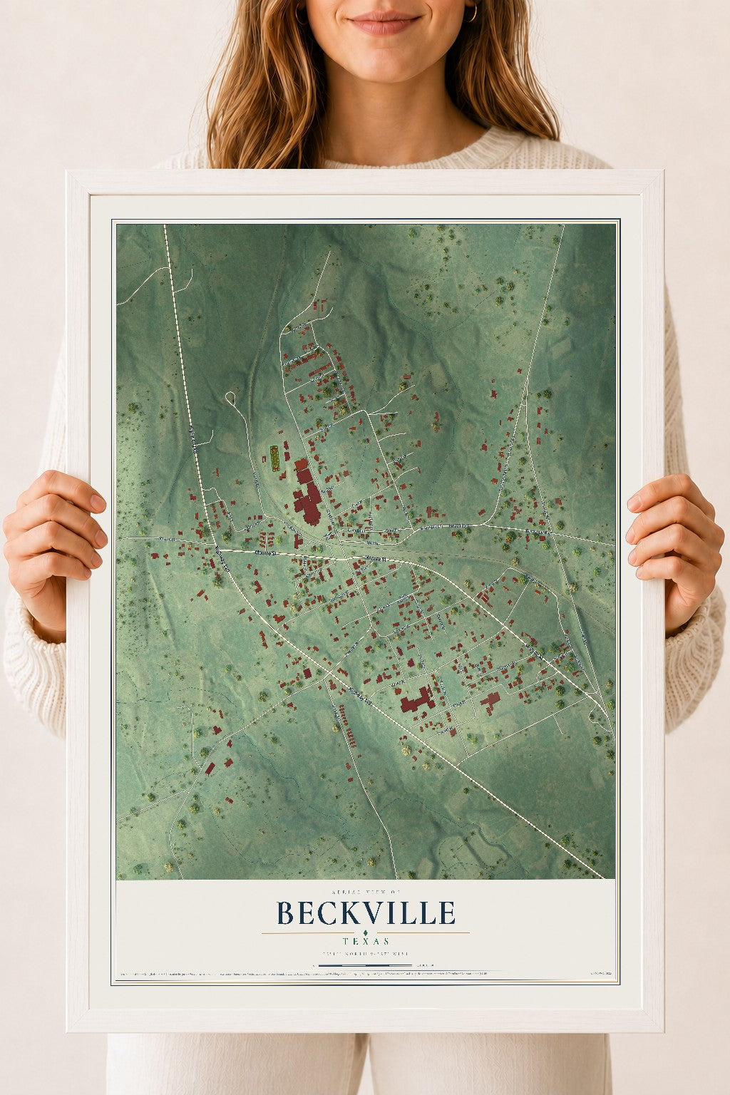Map of Beckville, Texas, 18 x 24 inch print in a white wood frame