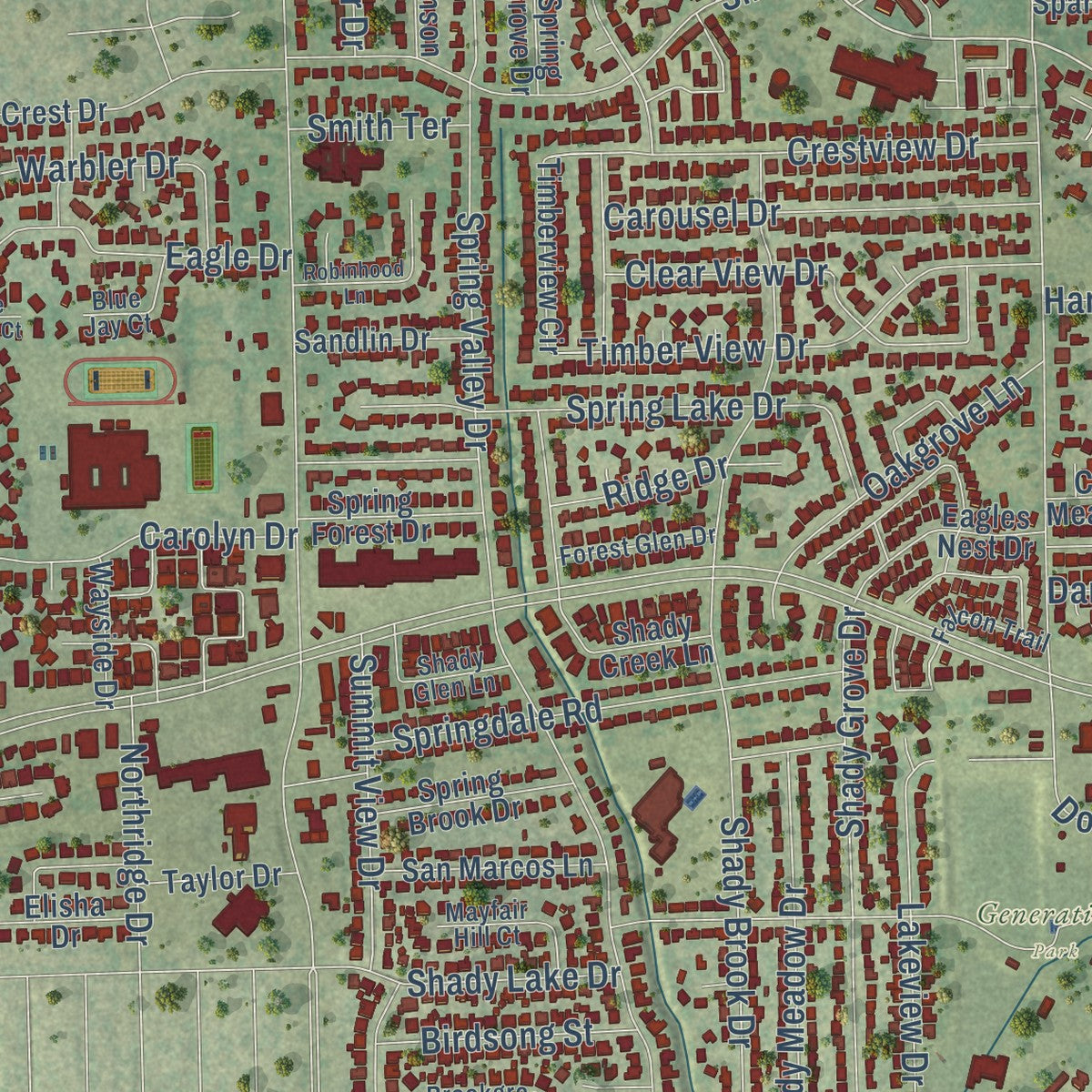 Close-up of the map of Bedford, Texas print showing street and building detail