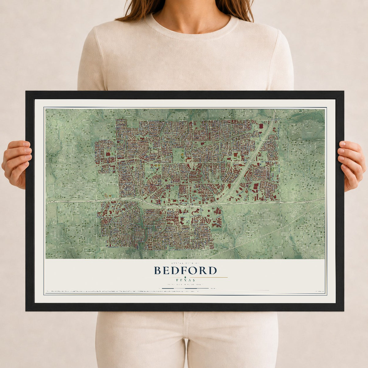 Map of Bedford, Texas, 12 x 18 inch print in a black wood frame