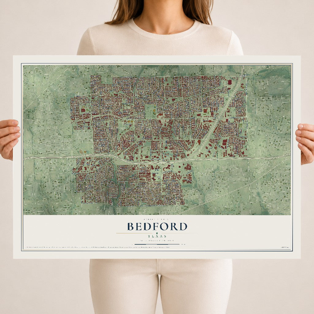 Map of Bedford, Texas, 18 x 24 inch unframed archival matte print