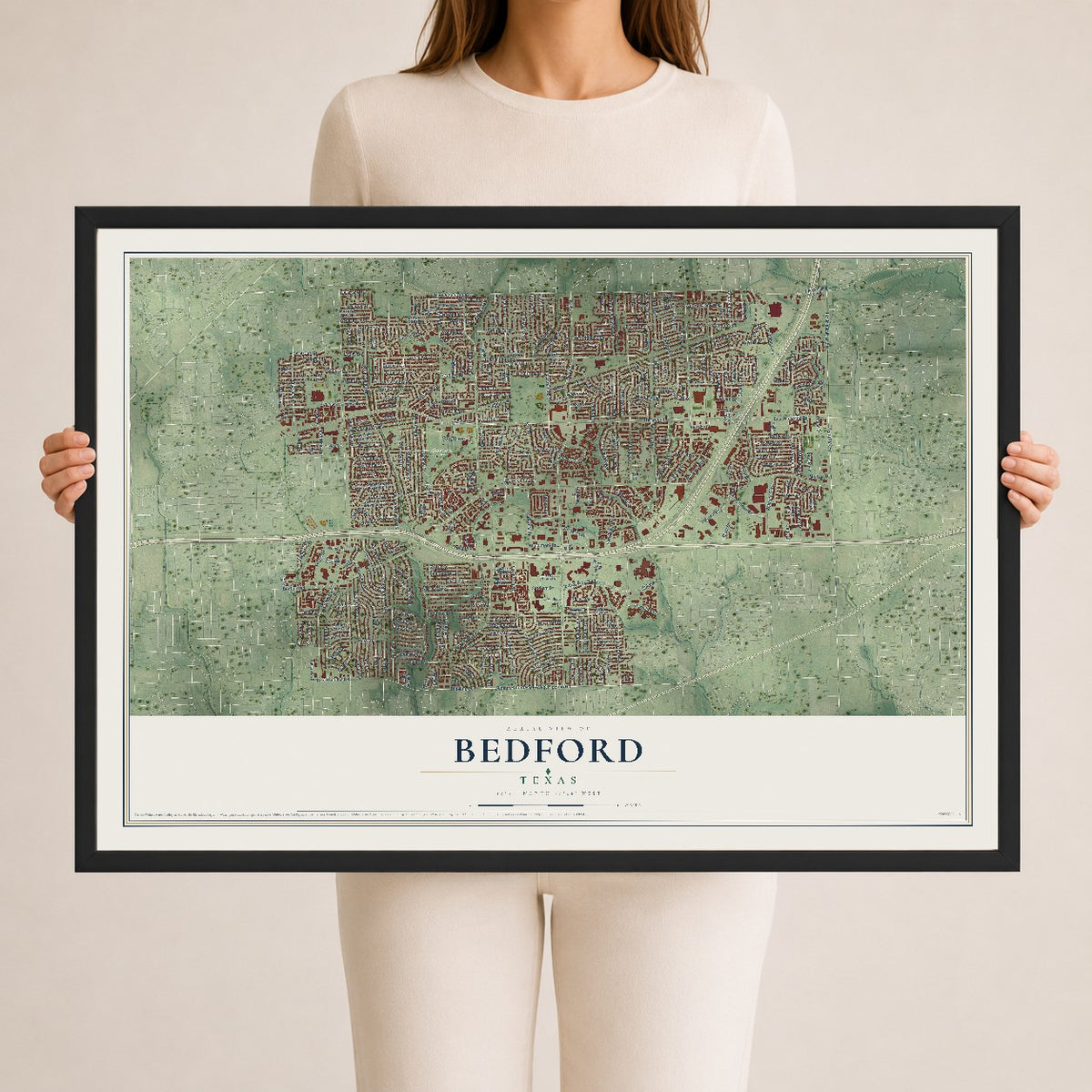 Map of Bedford, Texas, 24 x 36 inch print in a black wood frame