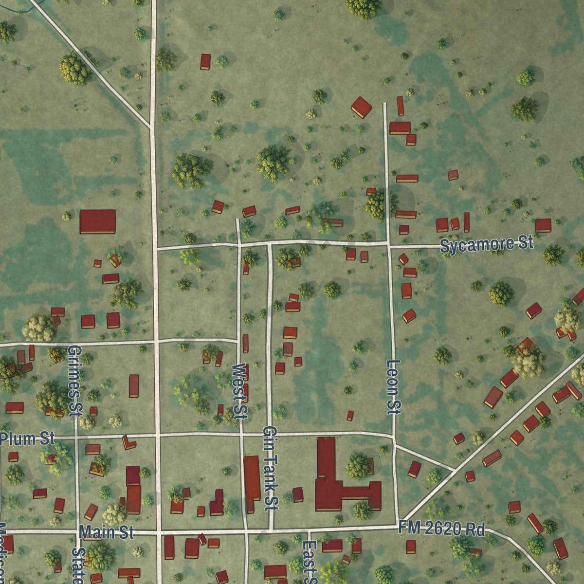 Close-up of the map of Bedias, Texas print showing street and building detail