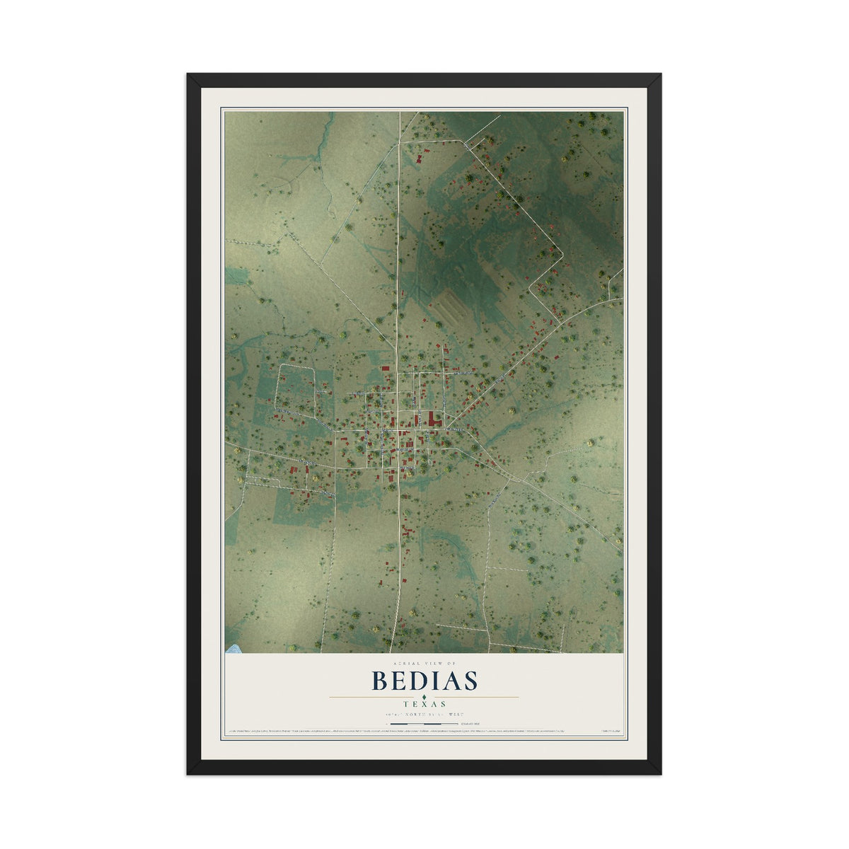 Map of Bedias, Texas, 12 x 18 inch print in a black wood frame