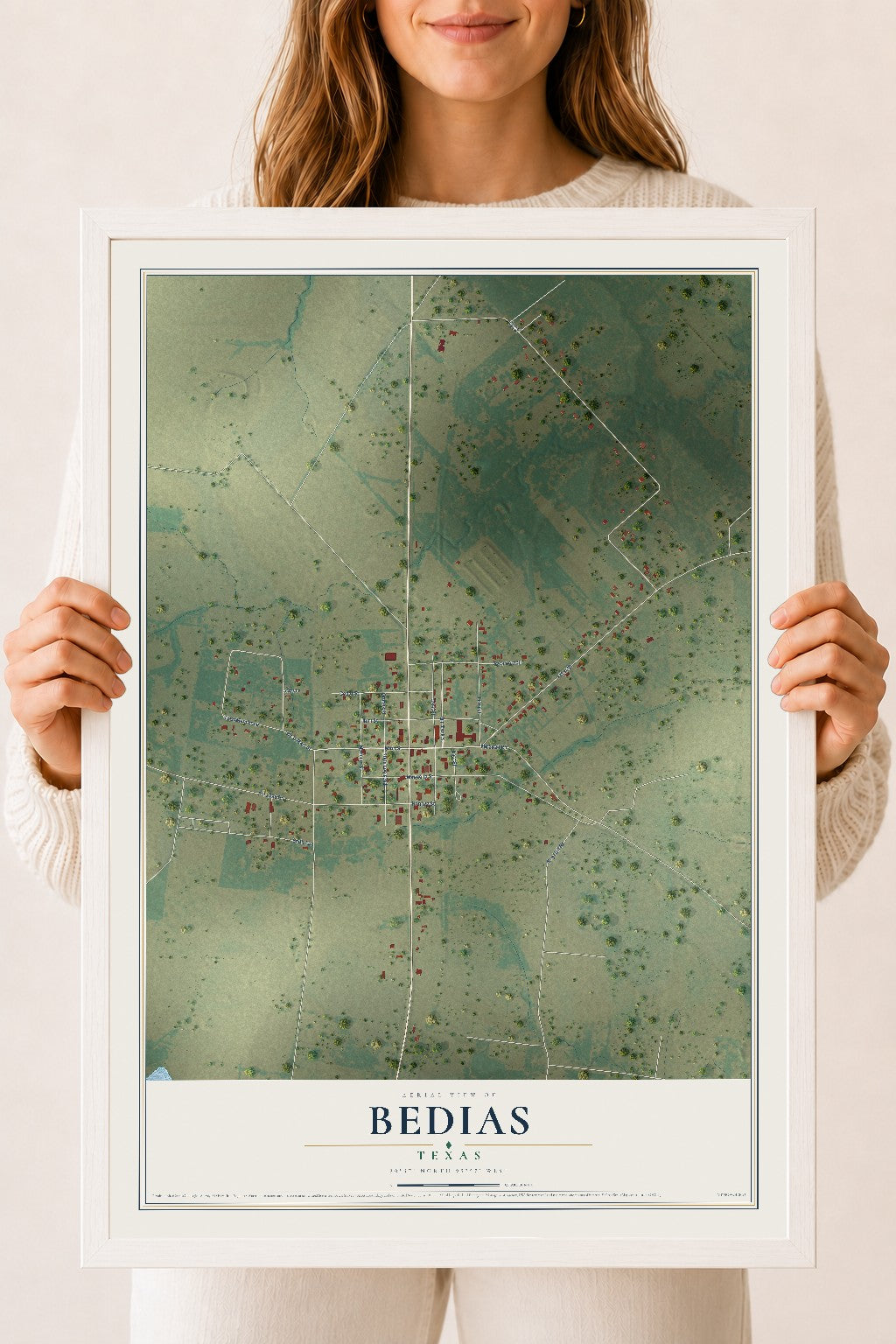 Map of Bedias, Texas, 18 x 24 inch print in a white wood frame