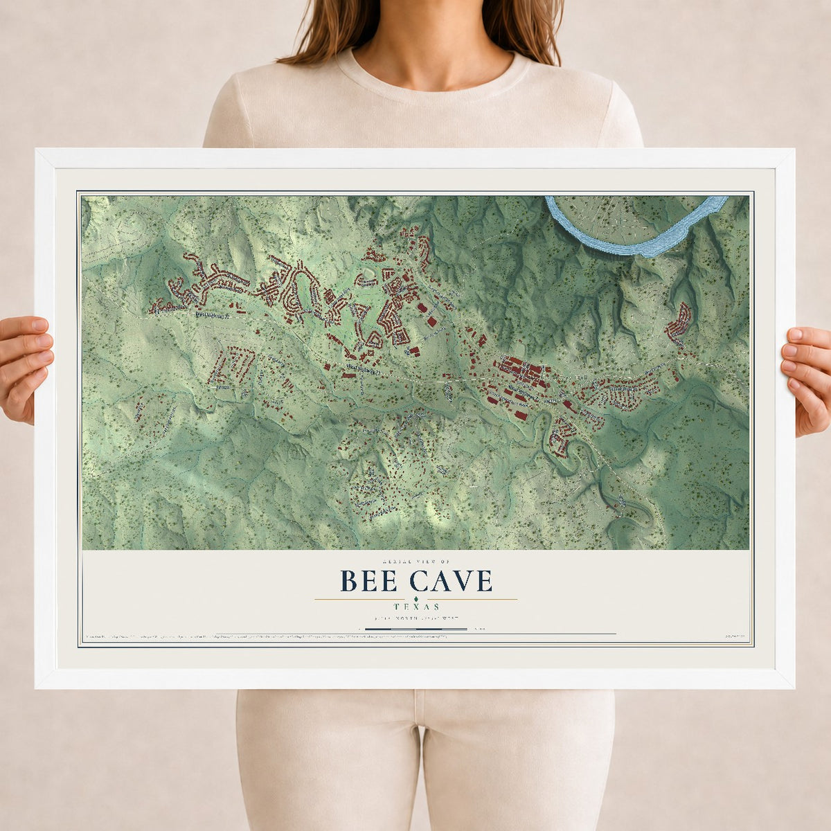 Map of Bee Cave, Texas, 18 x 24 inch print in a white wood frame