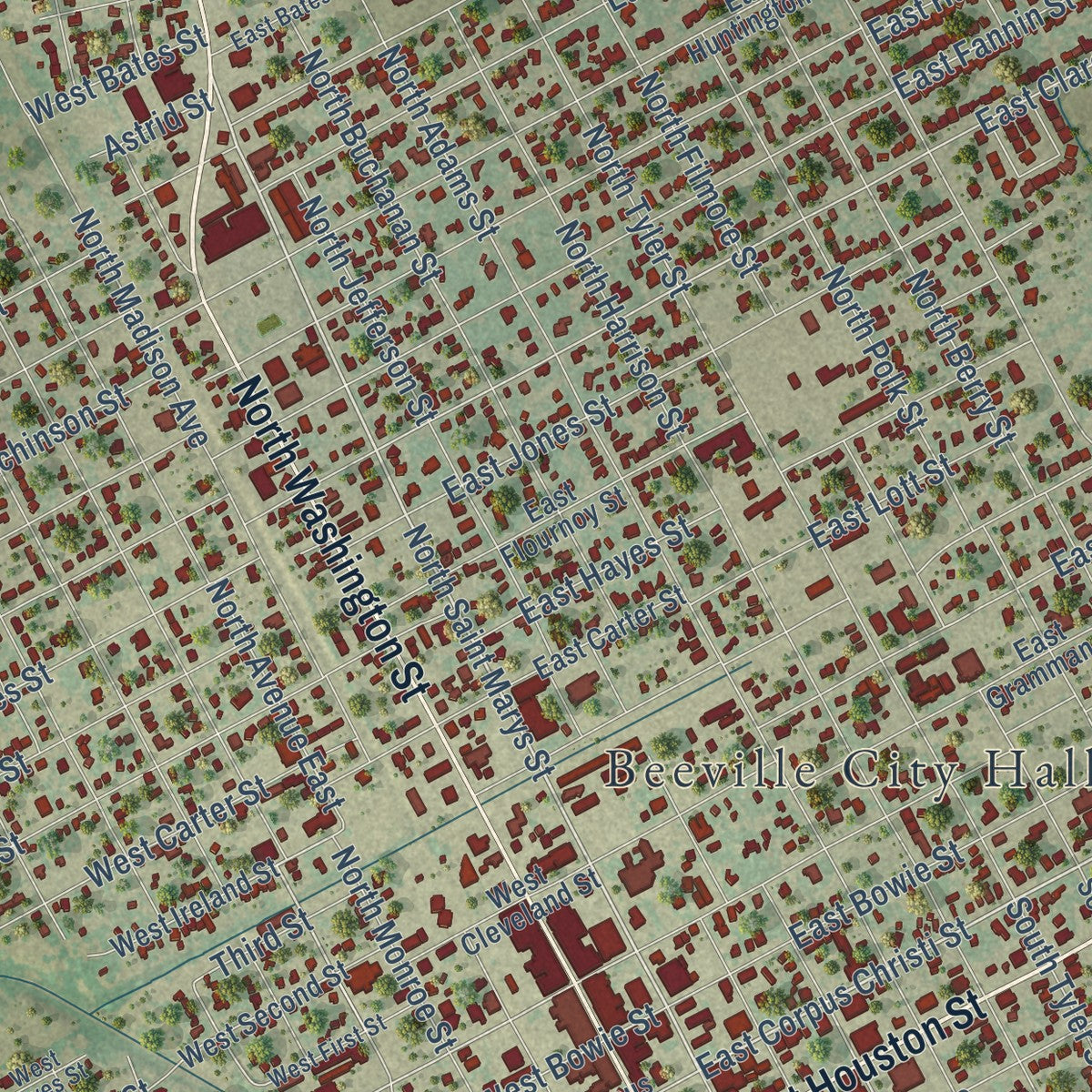 Close-up of the map of Beeville, Texas print showing street and building detail