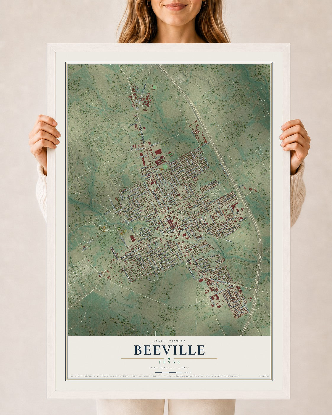 Map of Beeville, Texas, 24 x 36 inch print in a white wood frame