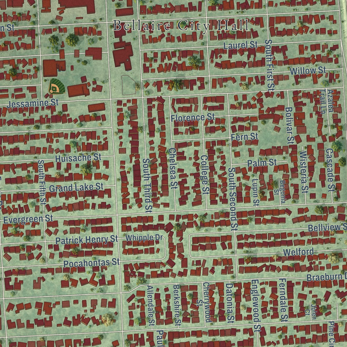 Close-up of the map of Bellaire, Texas print showing street and building detail