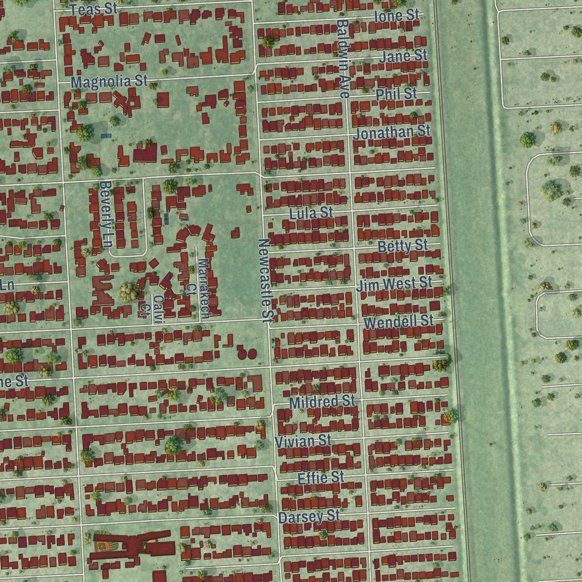 Second close-up of the map of Bellaire, Texas print showing more streets and buildings