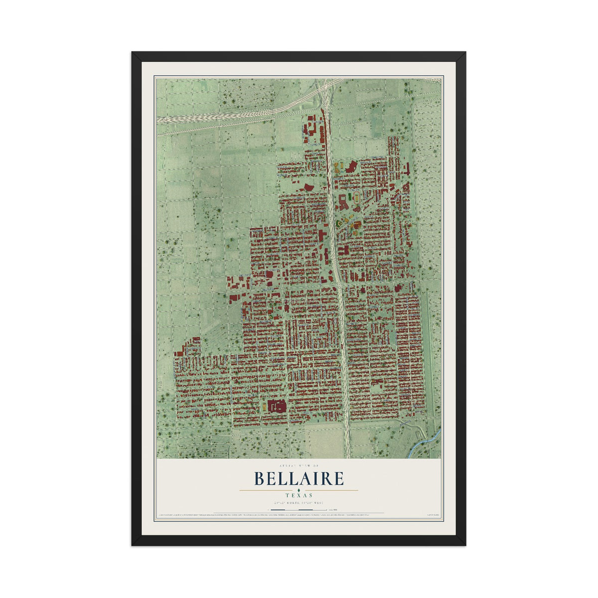 Map of Bellaire, Texas, 12 x 18 inch print in a black wood frame