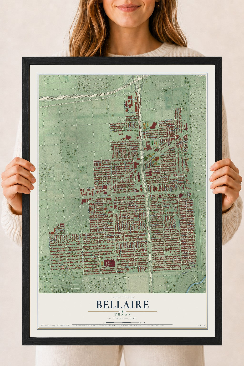 Map of Bellaire, Texas, 18 x 24 inch print in a black wood frame
