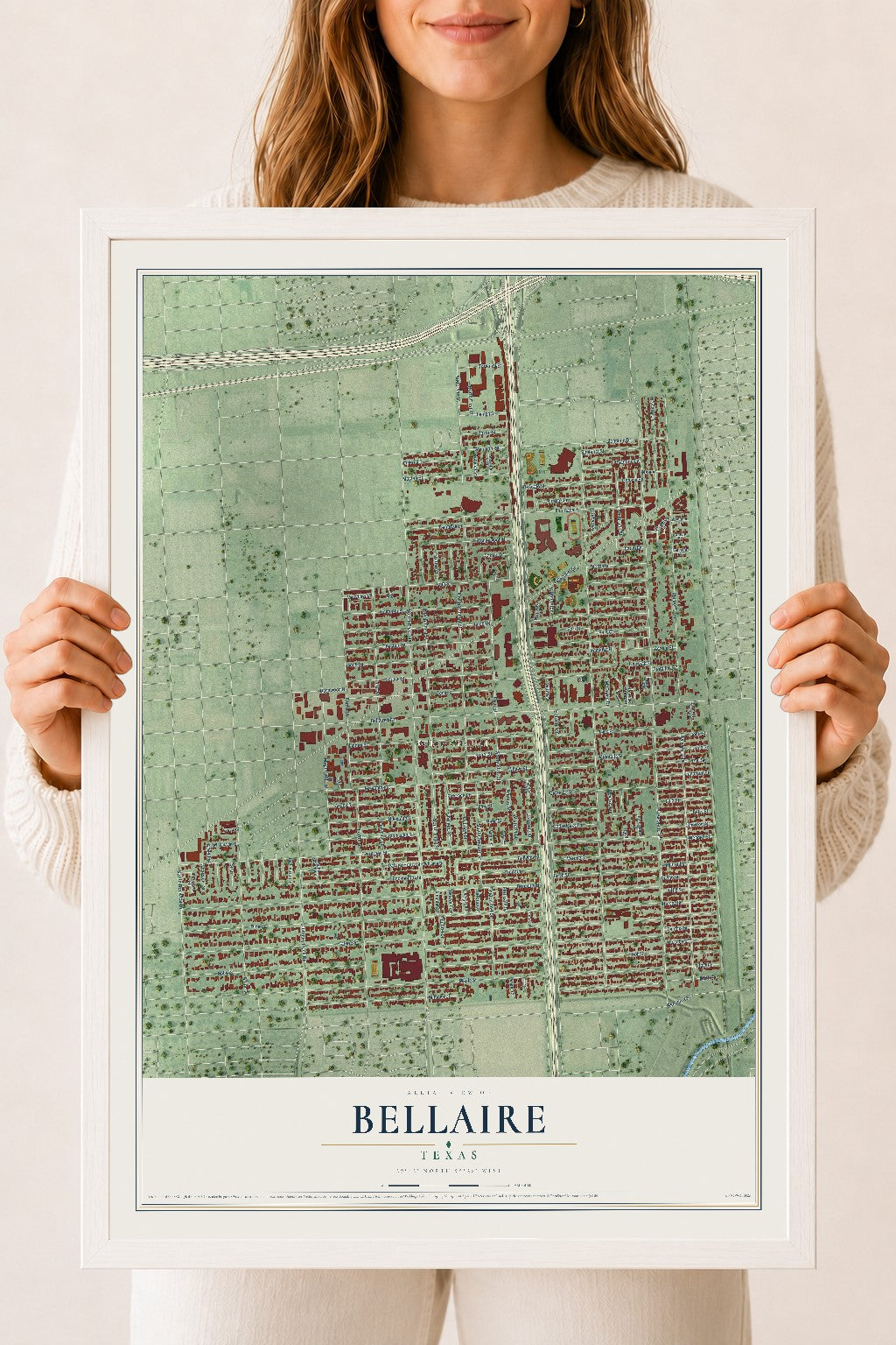 Map of Bellaire, Texas, 18 x 24 inch print in a white wood frame
