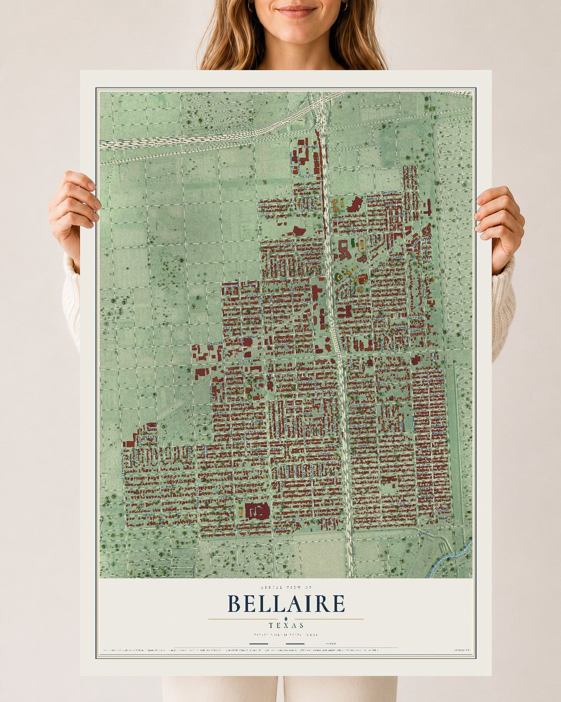 Map of Bellaire, Texas, 24 x 36 inch unframed archival matte print