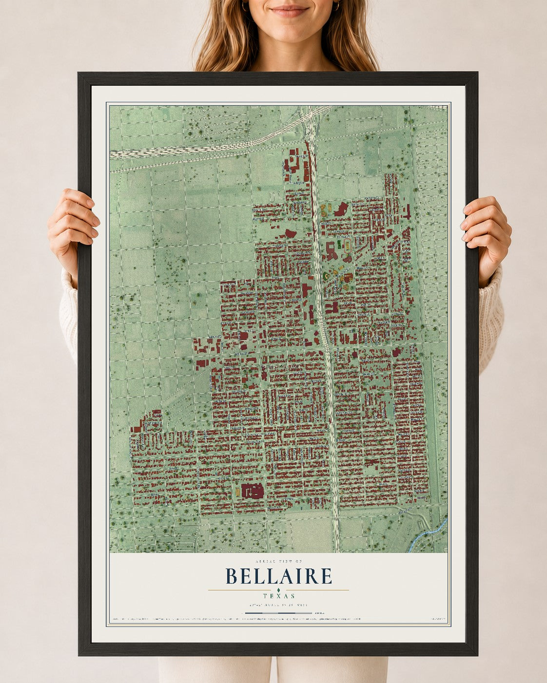 Map of Bellaire, Texas, 24 x 36 inch print in a black wood frame