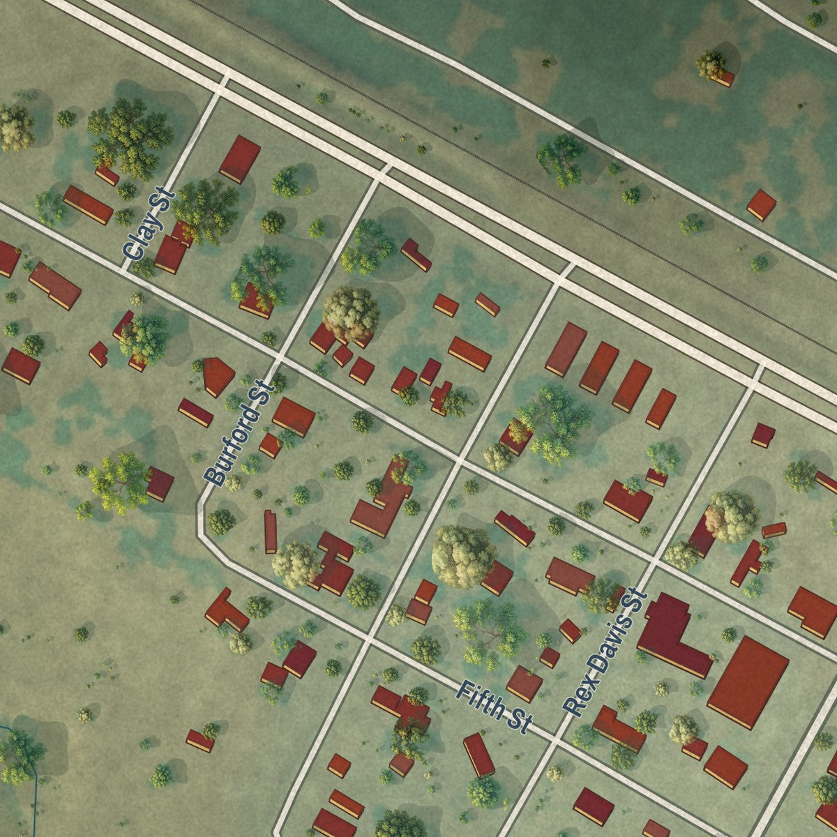 Close-up of the map of Bellevue, Texas print showing street and building detail