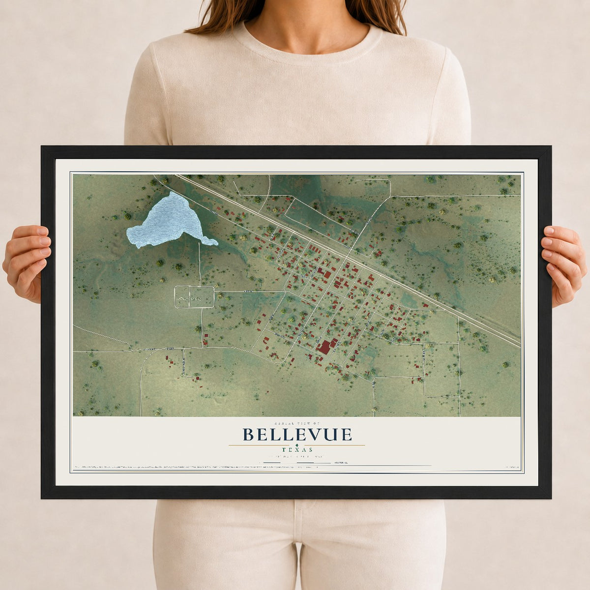 Map of Bellevue, Texas, 12 x 18 inch print in a black wood frame