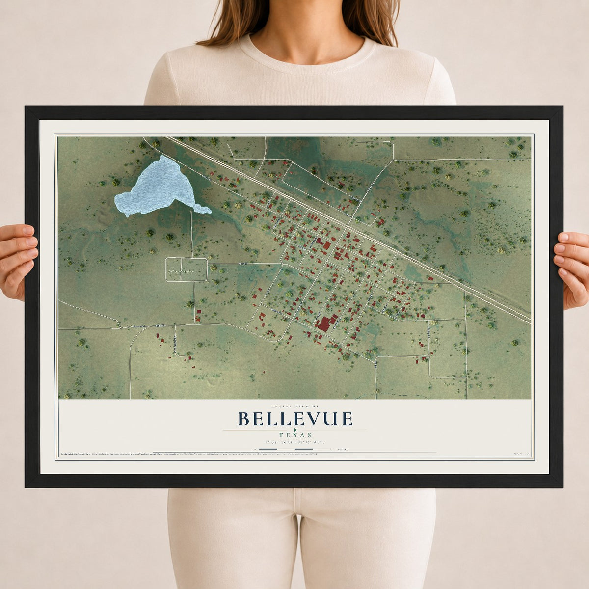 Map of Bellevue, Texas, 18 x 24 inch print in a black wood frame