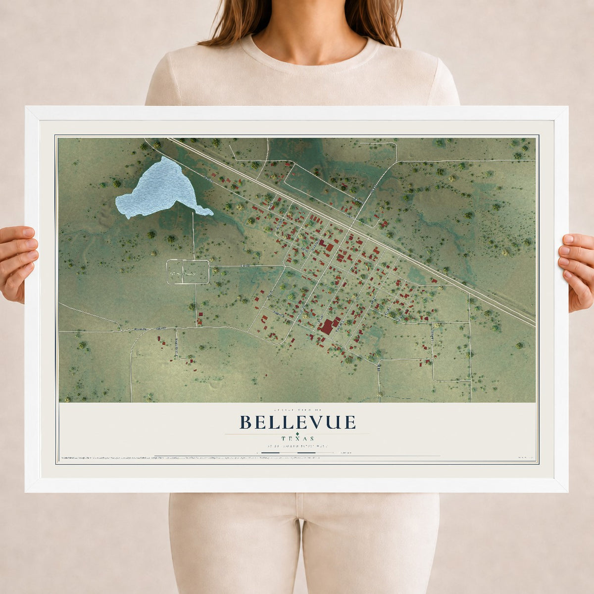 Map of Bellevue, Texas, 18 x 24 inch print in a white wood frame