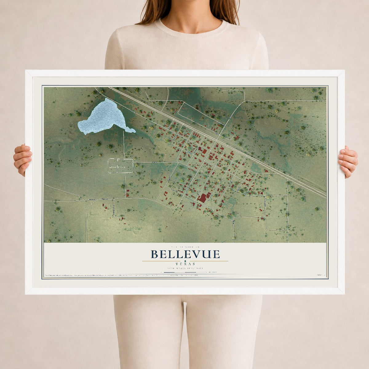 Map of Bellevue, Texas, 24 x 36 inch print in a white wood frame