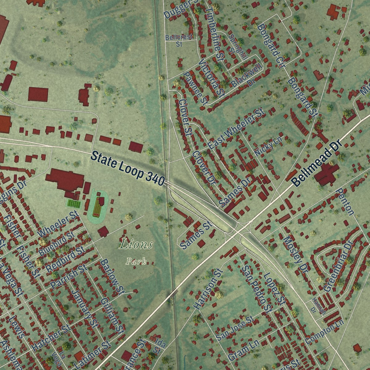 Close-up of the map of Bellmead, Texas print showing street and building detail