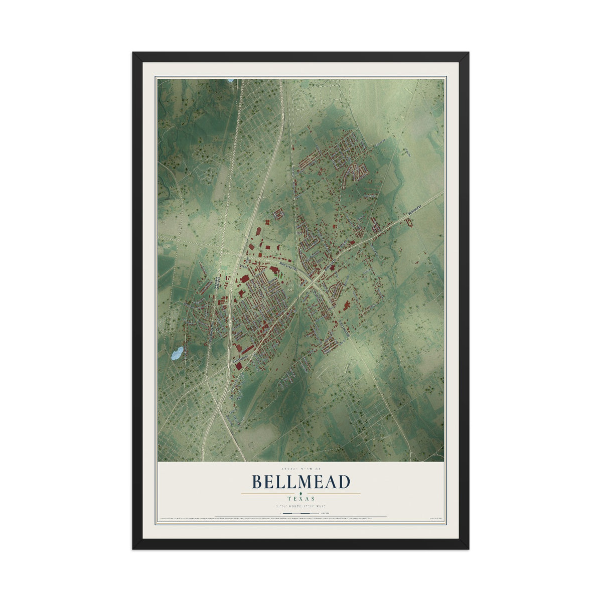 Map of Bellmead, Texas, 12 x 18 inch print in a black wood frame