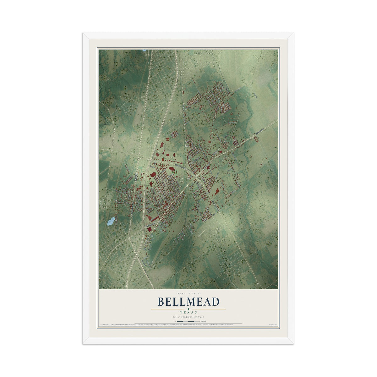 Map of Bellmead, Texas, 12 x 18 inch print in a white wood frame
