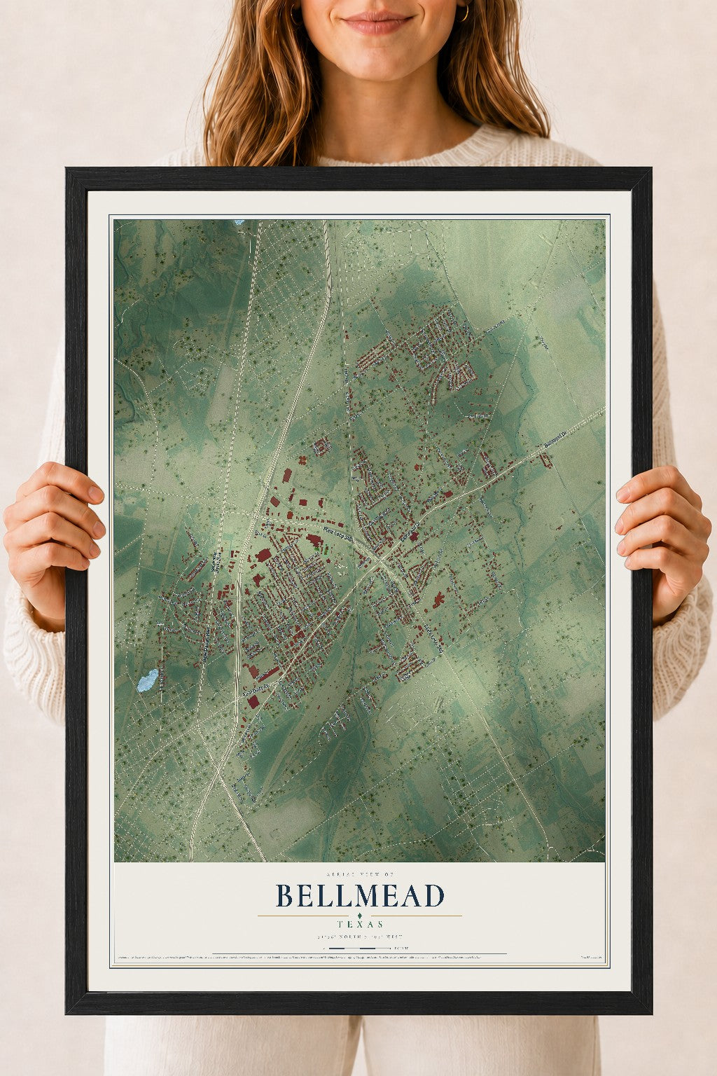 Map of Bellmead, Texas, 18 x 24 inch print in a black wood frame
