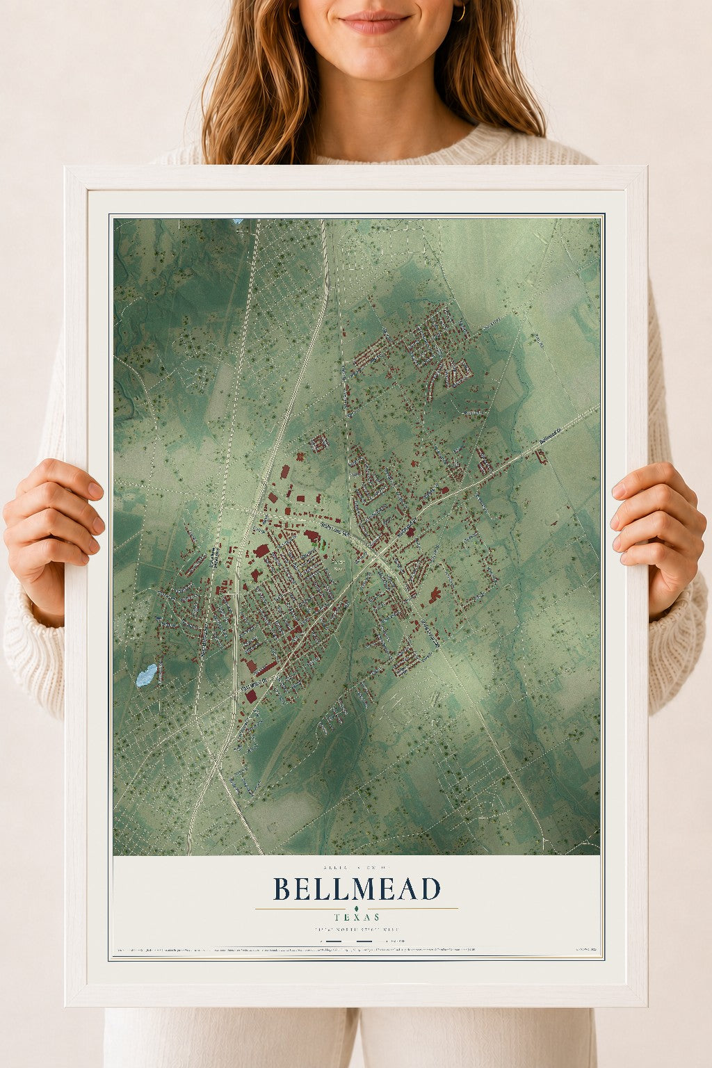 Map of Bellmead, Texas, 18 x 24 inch print in a white wood frame