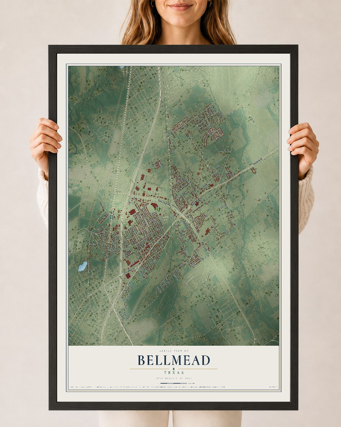 Map of Bellmead, Texas, 24 x 36 inch print in a black wood frame