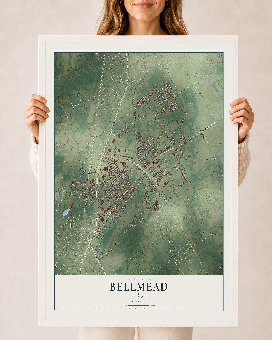 Map of Bellmead, Texas, 24 x 36 inch print in a white wood frame