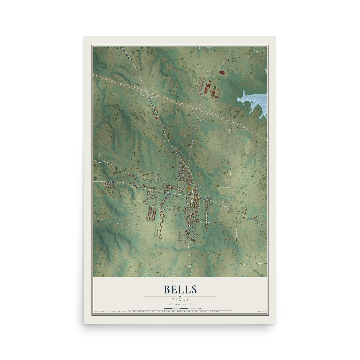 Map of Bells, Texas, 12 x 18 inch unframed archival matte print