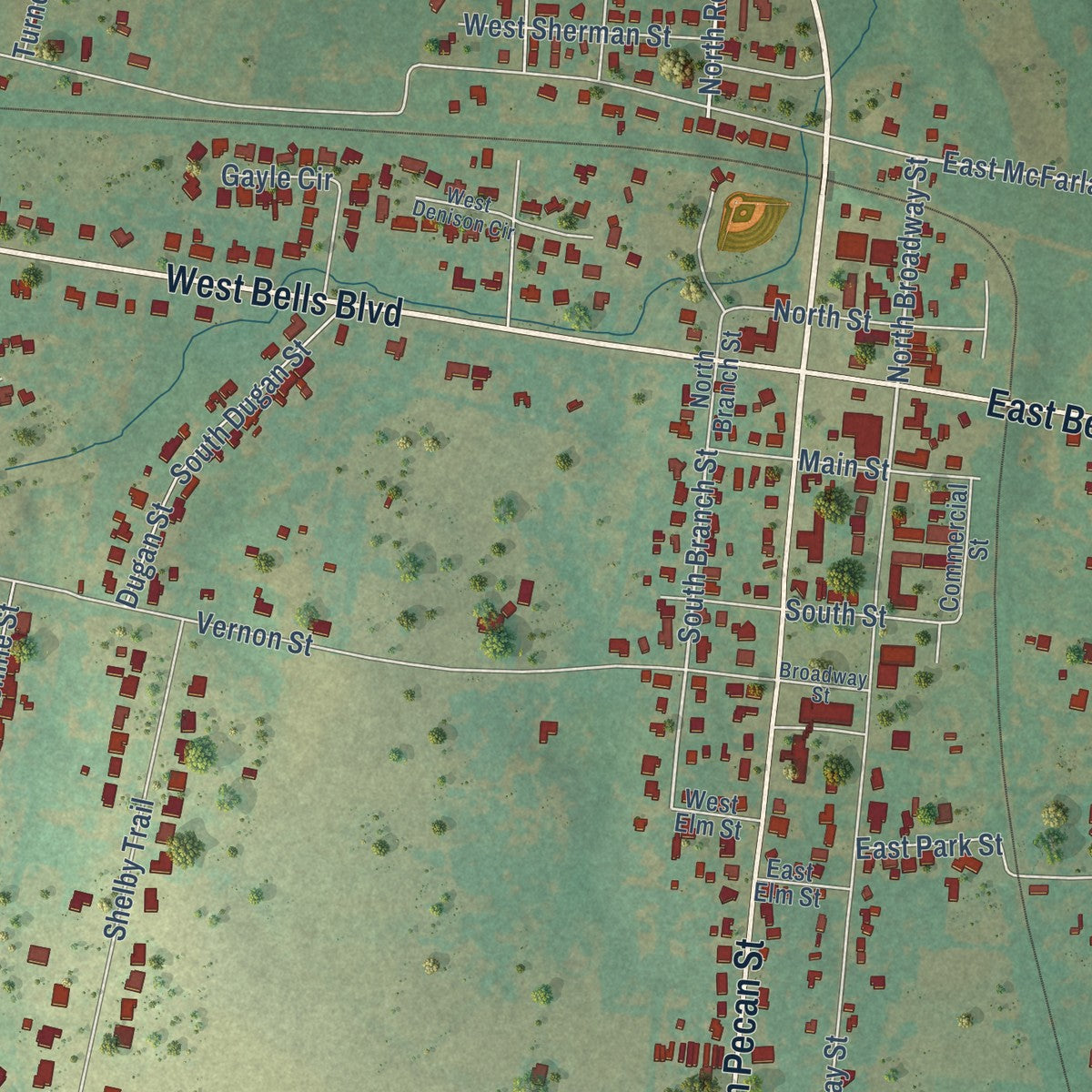 Close-up of the map of Bells, Texas print showing street and building detail
