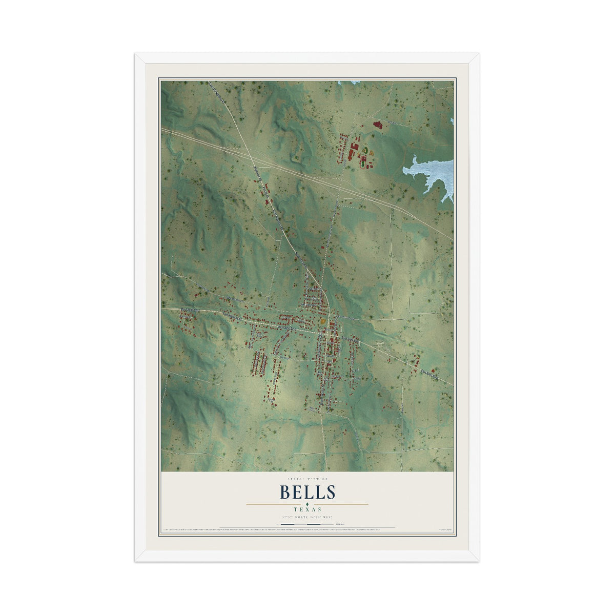 Map of Bells, Texas, 12 x 18 inch print in a white wood frame