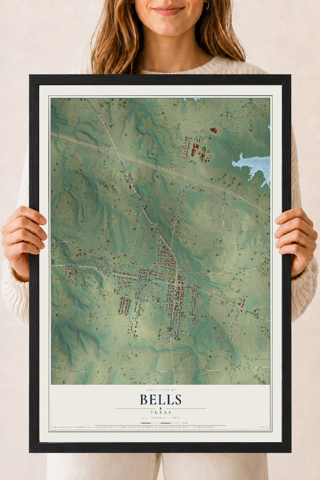 Map of Bells, Texas, 18 x 24 inch print in a black wood frame