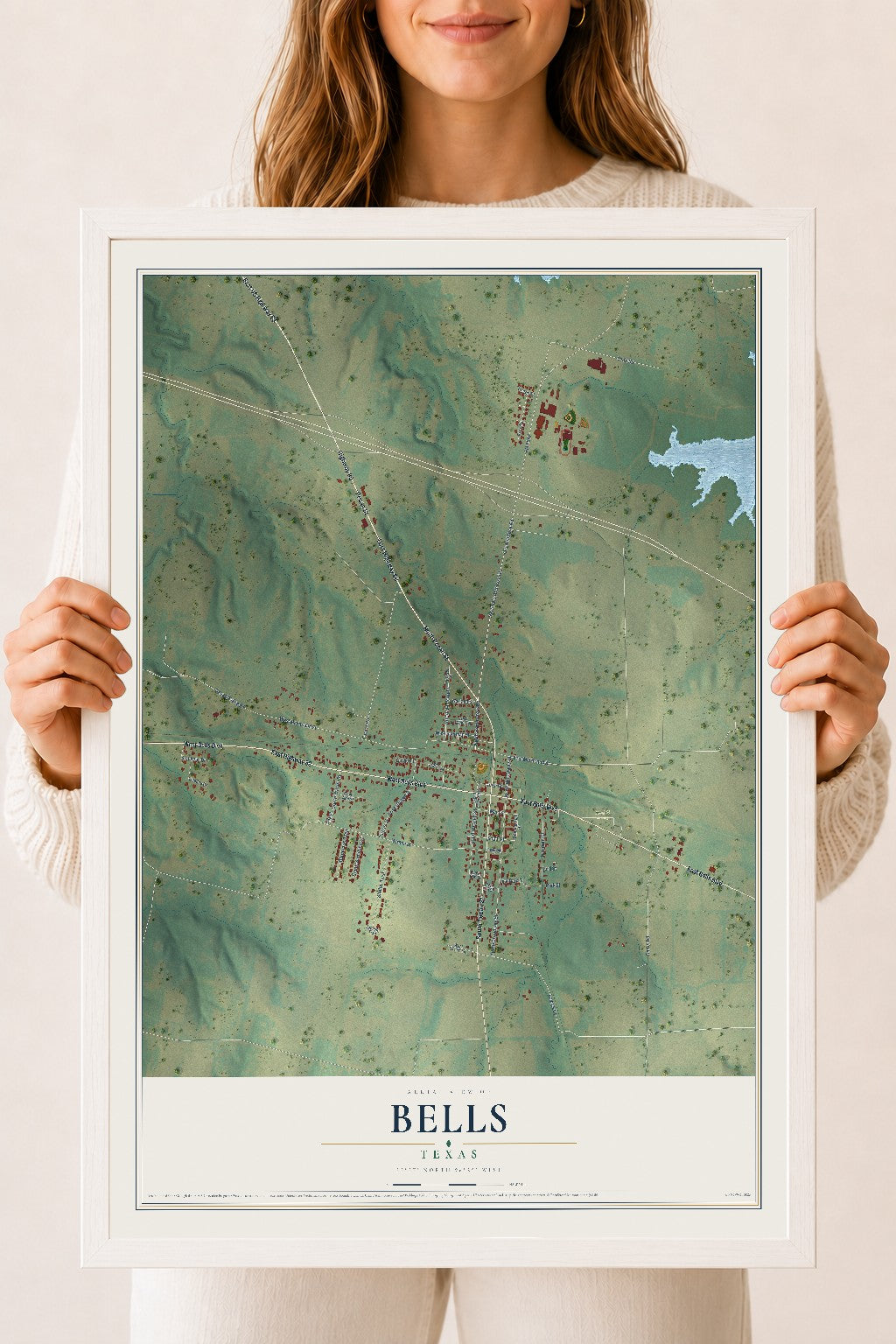 Map of Bells, Texas, 18 x 24 inch print in a white wood frame