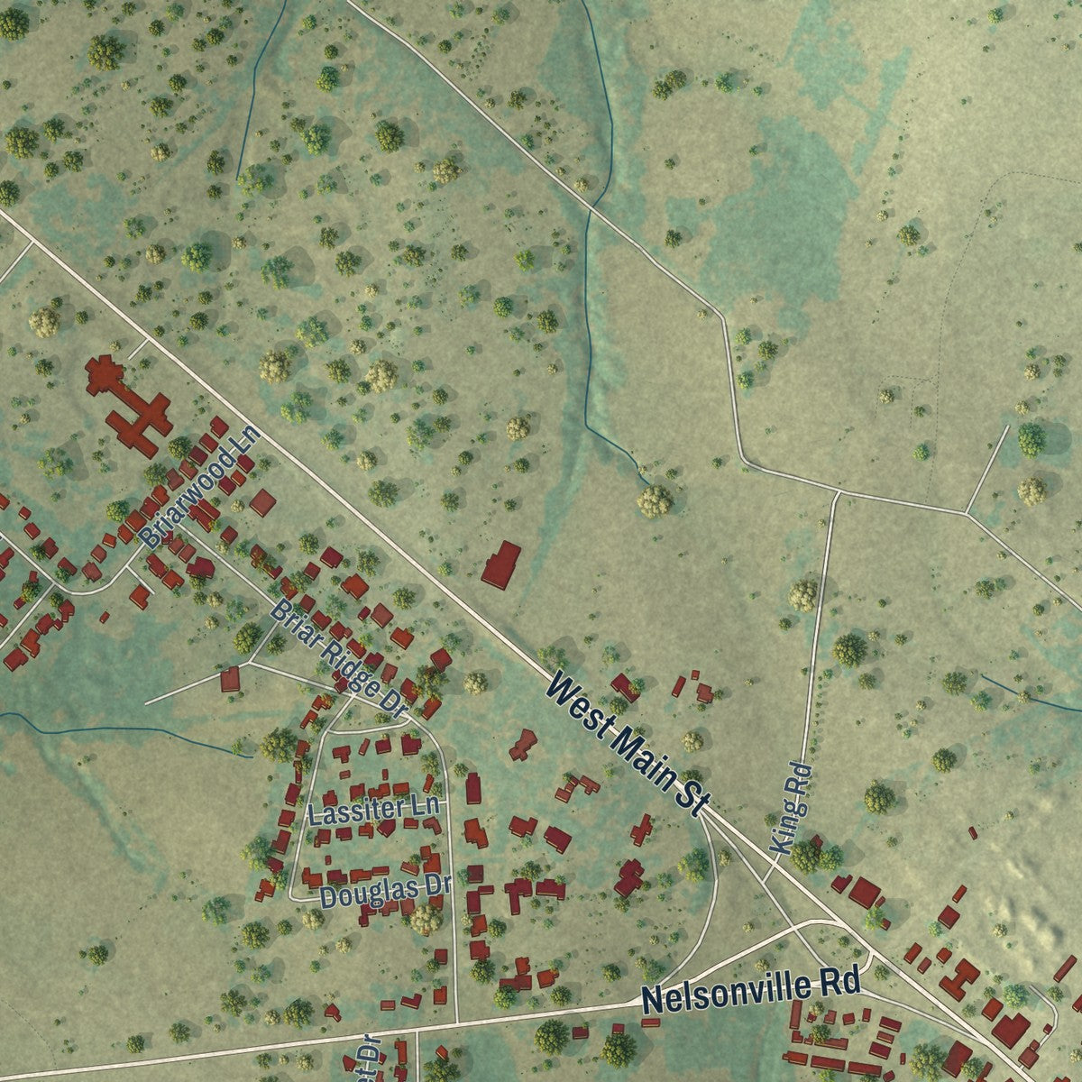 Second close-up of the map of Bellville, Texas print showing more streets and buildings