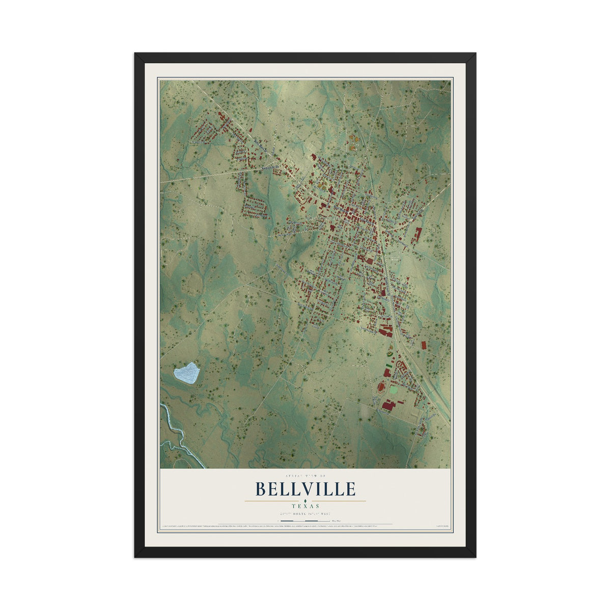 Map of Bellville, Texas, 12 x 18 inch print in a black wood frame